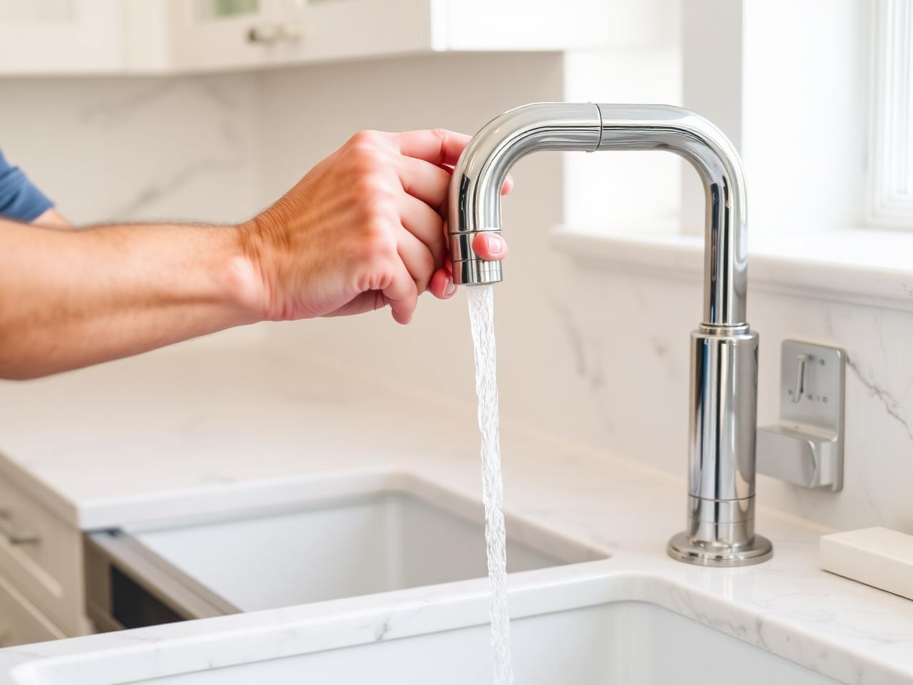 Newly installed chrome kitchen faucet running clear water