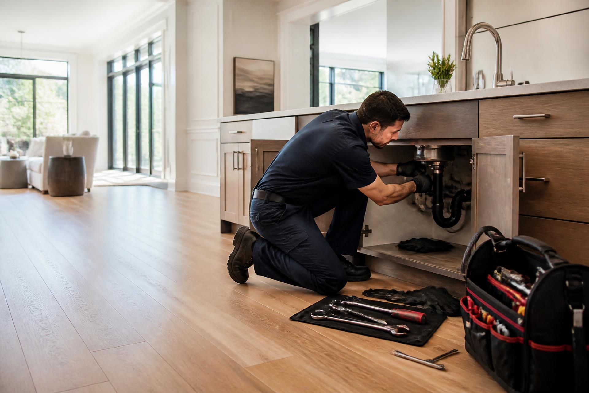 Allens Plumbing technician repairing pipes beneath a modern kitchen sink